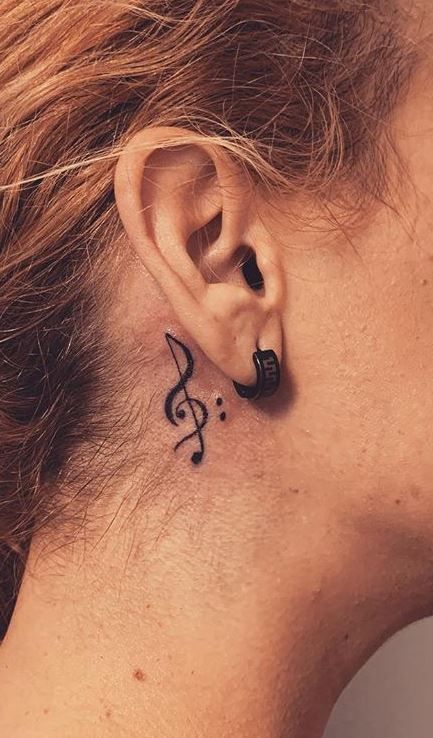 G59 Tattoos Behind Ear, Music Tattoo Designs Behind Ear, Behind The Ear Tattoo Ideas Music, Ear Music Tattoo, Music Behind Ear Tattoo, Music Ear Tattoo, Music Tattoo Behind Ear, Small Behind Ear Tattoo, Small Tattoo Behind Ear