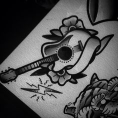 Traditional Tattoo Music, New Traditional Tattoo, Old School Ink, Traditional Tattoo Old School, Traditional Sleeve, Tattoo Old School, Guitar Tattoo, Tattoo Traditional, Old School Tattoo Designs