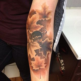 Kind of a simple #sepia toned piece with #maple leaves and a #compass .. It's the start of a #charm #tattoo #sleeve | Flickr - Photo Sharing! Maple Tree Tattoo, Maple Tree Tattoos, Bonsai Tree Tattoos, Tree Sleeve, Charm Tattoo, Tattoo Tree, Autumn Tattoo, Abstract Tattoo Designs, Tree Tattoos