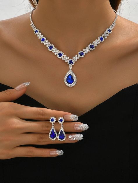 Quince Jewelry Royal Blue, Royal Blue Necklace Jewelry, Royal Blue Prom Jewelry, Royal Blue Prom Accessories, Blue Prom Jewelry, Blue And Silver Jewelry, Blue Necklace Set, Royal Blue Necklace, Royal Blue Jewelry