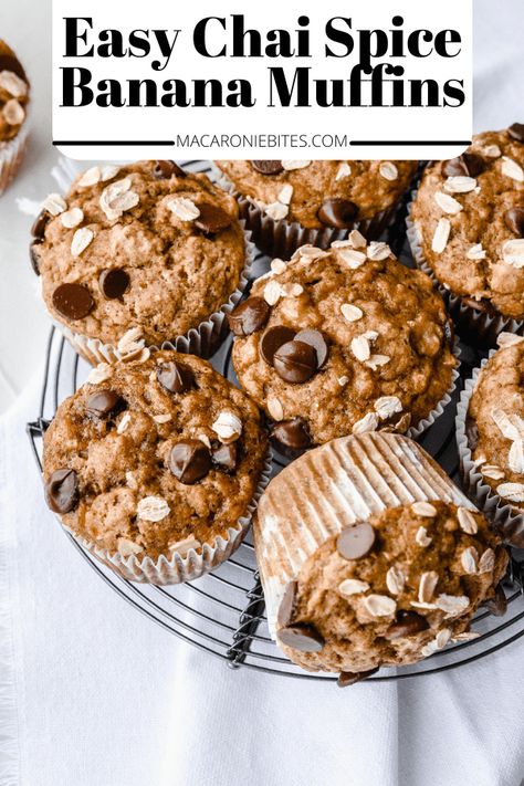 These Easy Chai Spice Banana Muffins are spiced with all your favorite Fall flavors! They're fluffy, cozy and go great with a chai latte. #ChaiSpice #BananaMuffins #MuffinRecipe #ChaiSpiceMuffins #FallRecipes #FallVibes Chai Muffins, Banana Flour, Healthy Banana Muffins, Cheesecake Muffins, Orange Muffins, Spice Muffins, Ginger And Cinnamon, Muffin Bread, Healthy Banana