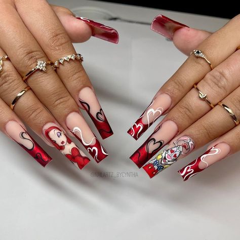 Roger Rabbit Nail Art, Valentines Day Nails Characters, Betty Boop Valentines Day Nails, Disney Press On Nails, Character Valentines Nails, Jessica Rabbit Nails, Disney Valentines Nails, Disney Acrylic Nails, Unghie Sfumate