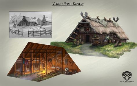 ArtStation - Historical Viking Home Design, angelina andreas Viking Building Concept Art, Viking House Design, Vikings House, Viking Castle, Viking Buildings, Viking Houses, Viking Longhouse, Viking Home, Nordic Architecture