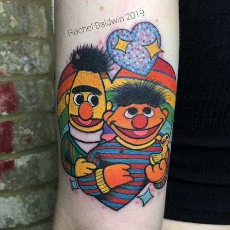 Follow @TATTOOWONDERLAND on Pinterest for more!!  Bert and Ernie tattoo - Sesame Street tattoo Sesame Street Tattoo Ideas, Bert And Ernie Tattoo, Sesame Street Tattoo, Oklahoma Tattoo, Fandom Tattoos, Blessed Tattoos, Oklahoma Art, Bert And Ernie, Nerd Tattoo