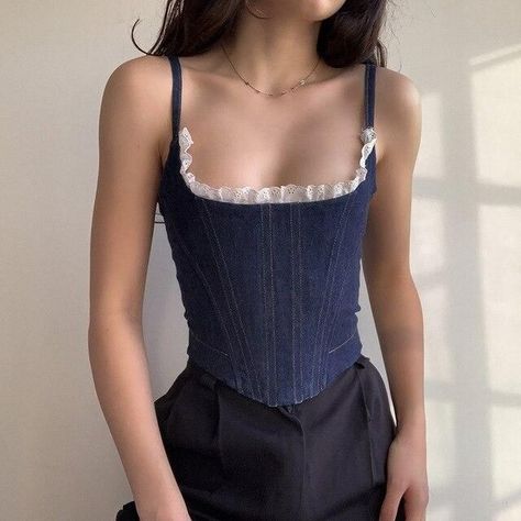 Women Streetwear Summer, Denim Bustier, Denim Tank Top, Denim Corset Top, Denim Tank, Boned Corsets, Corset Fashion, Denim Corset, Jean Vest