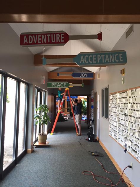 These oars were made out of styrofoam then painted to match the colors for the Rapid Reminders on the Craft Theme Stickers. Next stick on letters were applied to the oar. Each one was hung using fishing line and binder clips. Camp Out Vbs, River 2018, Kids Ministry Rooms, Camping Vbs, Vbs Shipwrecked, Church Nursery Decor, Camp Vbs, Lifeway Vbs, River Rapids