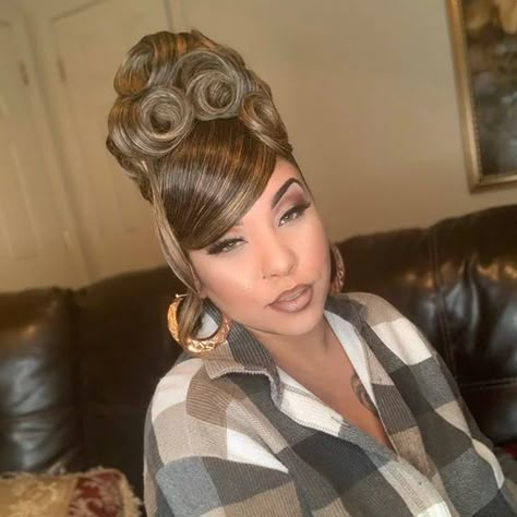 Updo 90s, Pin Curl Updo, Curl Updo, Black Women Updo Hairstyles, Black Hair 90s, Black Hair Magazine, Pin Curl, Black Hair Updo Hairstyles, Weave Ponytail Hairstyles