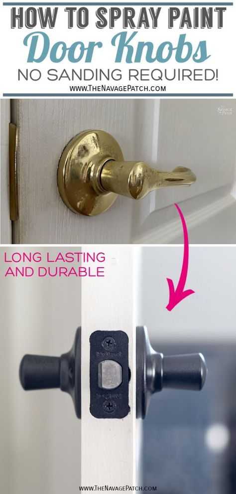 How to Spray Paint Door Knobs (Without Sanding!) | How to spray paint door knobs the easy way - with no sanding | How to spray paint door knobs that last| The easiest way to paint metal | DIY spray painted brass door handles | How to paint metal that last | The best metal paint | How to easily update door hardware with spray paint | #TheNavagePatch #diy #HowTo #EasyDIY #SprayPaint #Tutorial #Paintedfurniture #DIYtricks #Moneysaver #Timesaver #SimpleDIY #Farmhouse #Rustoleum | TheNavagePatch.com Spray Painting Door Hardware, Best Black Spray Paint For Metal, Spray Painting Bathroom Fixtures, How To Paint Door Knobs, Spray Paint Door Knobs, Sabbatical Ideas, How To Paint Metal, Hallway Doors, Paint Door Knobs