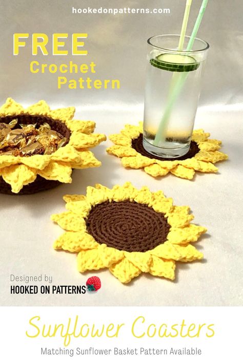 Free Crochet Sunflower Coaster Pattern, Sunflower Afghan, Crocheted Coaster, Crochet Sunflowers, Crocheted Sunflower, Sunflower Coaster, Sunflower Coasters, Plant Crochet, Coasters Crochet