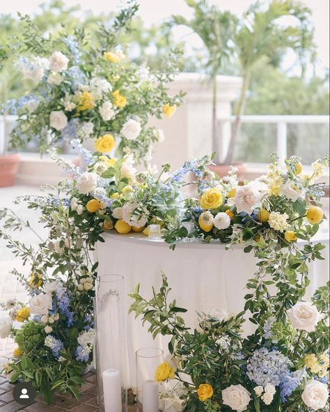 Blue Yellow Party Theme, Italian Summer Wedding Flowers, Amalfi Flower Arrangements, Italian Summer Garden Wedding, November Floral Wedding, White Yellow Blue Wedding, Blue And Yellow Summer Wedding, Italian Inspired Wedding Flowers, Italian Themed Floral Arrangements