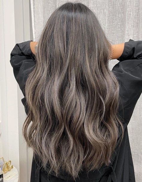 Brown Grey Hair Highlights, Ash Brown Full Highlights, Cool Brown Babylights, Mid Ash Brown Hair, Dark Ash Brown Hair Highlights, Ash Brown Babylights On Brown Hair, Brown Ash Balayage Hair, Ash Brown Hair Layers, Medium Brown Ashy Hair