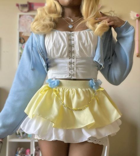 instagram:@angel_dust222 #kawaii #fashion #cute #outfits #outfitideas #sanrio Pastel Blue And Yellow Outfit, Pastel Kidcore Clothes, Angel Core Fashion, Yellow Cute Outfits, Soft Yellow Outfit, Blue And Yellow Clothes, Descendants Genderbend, Yellow And Blue Outfits, Cute Yellow Outfits