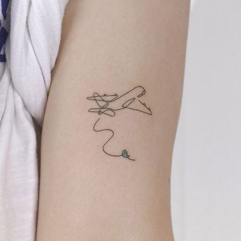 Minimalist Plane Tattoo, Cute Airplane Tattoo, Simple Plane Tattoo, Fineline Travel Tattoo, Plane Tattoo Ideas, Flying Tattoo Ideas, Airplane Tattoo Design, Aviation Tattoos, Skydiving Tattoo