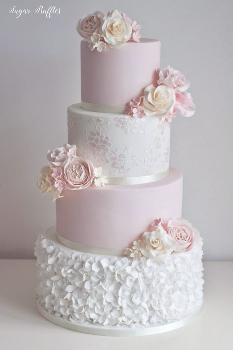 Sugar Ruffles - Page 2 of 4 - Wedding Cake and Sugar Flower Blog Pastel Wedding Cake Ideas, Ruffles Wedding Cake, Elegant Pink Wedding Cake, Rose Wedding Cakes, 2023 Wedding Cake Ideas, Wedding Cake Ruffles, Wedding Cakes Pink And White, Pink Wedding Cake Ideas, Wedding Cakes Designs