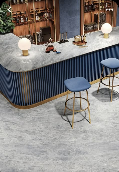 Navy Blue Cafe, Bar Table Design, Patisserie Design, Bar Counter Design, Blue Cafe, Industrial Cafe, Modern Home Bar, Marble Bar, Indoor Tile