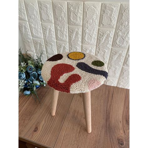 Punch Needle Chair, Tufting Workshop, Handmade Stool, Padded Stool, Funky Rugs, Stool Covers, Rug Designs, Furniture Slipcovers, Wooden Stools