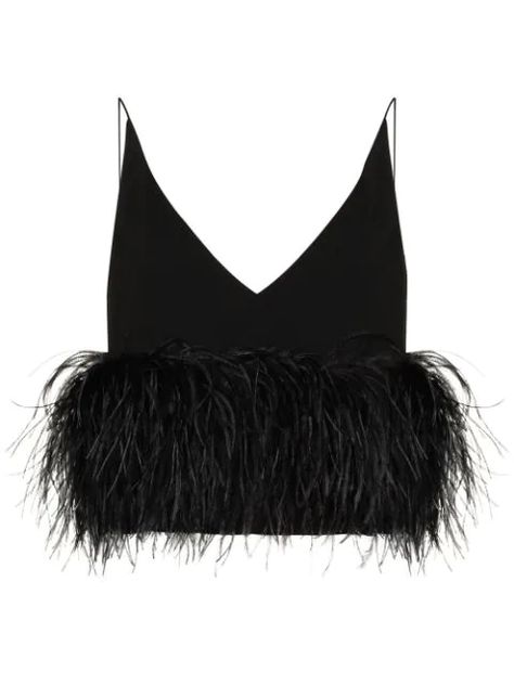 16 Arlington, Black Poppy, Catty Noir, Feather Tops, Feather Trim, Black Camisole, Ostrich Feather, Cropped Tops, Ostrich Feathers