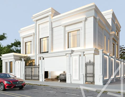 House Lobby Design Interiors, Neo Classic Elevation Villa, French Elevation Design, Ground Floor Elevation Design Ground Floor Elevation Design Modern, Classical Exterior Design, Neo Classic Exterior Design, French Style House Exterior, Neo Classic Villa Exterior, New Classic Exterior