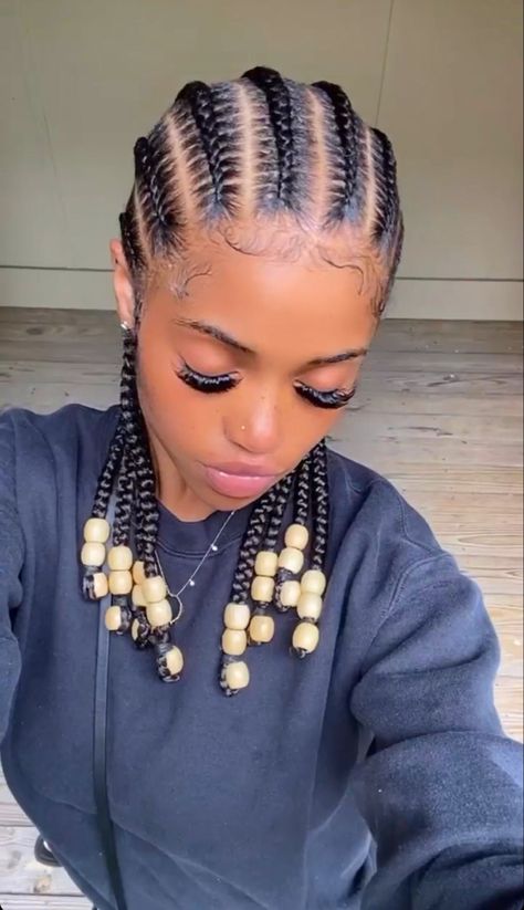 Cornrows For Girls Black, 6 Cornrow Hairstyles, Cornrows Added Hair, Cornrows Natural Hair With Beads, Cornrows On Women, Eight Cornrows Braids, Corn Row Braids With Beads, Cornrow For Natural Hair, Short Straight Back Braids