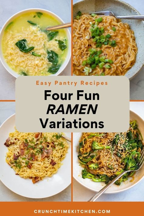 These four fun variations are a great way to change up your standard ramen noodle bowl. From a carbonara version to a spicy PB noodle version, you'll never get bored of standard ramen noodles! crunchtimekitchen.com #ramen #noodles #easy #kitchenhacks Make Ramen Fancy, Cooking With Ramen Noodles, Things To Do With Ramen Noodles, Recipe For Ramen Noodles, How To Doctor Up Ramen Noodles, Quick Ramen Noodle Recipes Soup, One Pot Ramen Noodle Recipes, Ways To Spice Up Ramen Noodles, Gourmet Ramen Noodles Recipes