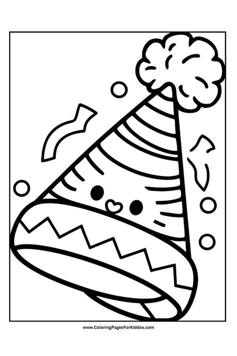 Party hat decorated with stripes and polka dots, emitting fun confetti, as a delightful birthday coloring page. Happy Birthday Coloring Pages, Birthday Coloring Pages, Coloring Activity, Delicious Cakes, Kids Coloring, Color Activities, Engagement Activities, Free Birthday Stuff, Coloring Sheets