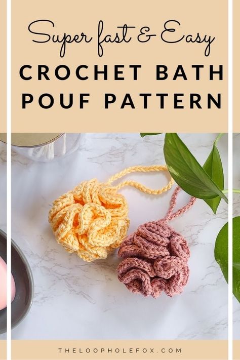 Quick and easy, this free crochet bath pouf pattern is a staple in bath sets! Designed to be less dense, this crochet shower puff is able to be opened up for quicker drying! Crochet Bath Puff Free Pattern, Crochet Body Puff, Crochet Bath Scrubby Free Pattern, Crochet Shower Puff Free Pattern, Free Crochet Spa Set Pattern, Bath Scrubbies Crochet, Crochet Body Scrubbies Free Pattern, Crochet Bath Pouf Pattern Free, Crochet Shower Puff