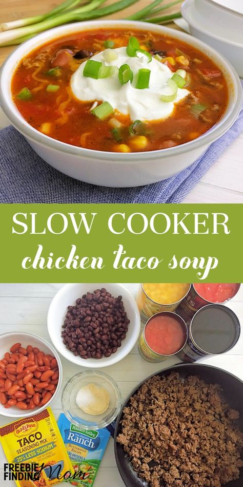 If you're a fan of Taco Tuesday, you’ve gotta try this delicious and easy Chicken Taco Soup Slow Cooker recipe! You only need a few minutes to throw together this Crock Pot recipe that will quickly become a family favorite. Simply dump all your ingredients into your slow cooker for a couple of hours then you’ve got yummy, hearty comfort food that is perfect for those chilly winter or fall evenings, game day parties, and more! Easy Chicken Taco Soup, Taco Soup Slow Cooker, Easy Chicken Taco, Slow Cooker Chicken Taco Soup, Soup Slow Cooker, Slow Cooker Kitchen, Crunchwrap Supreme, Slow Cooker Chicken Tacos, Chicken Tacos Easy