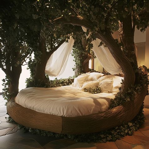 Nest Bed Human, Forest Canopy Bed, Floor Bed Ideas For Adults, Forest Bed, Bed Nest, Forest Bedroom, Canopy Bed Curtains, Tree Bed, Dream Bedroom Inspiration