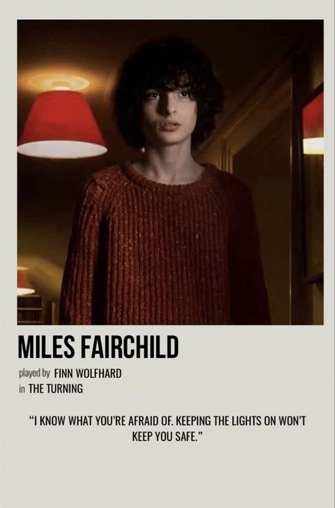 minimal polaroid character poster for miles fairchild from the turning Miles From The Turning, The Turning Miles Fairchild, The Turning Poster, The Turning Finn Wolfhard, Miles The Turning, The Turning Miles, Miles Fairchild Fanart, Miles Fairchild Icons, Finn Wolfhard The Turning