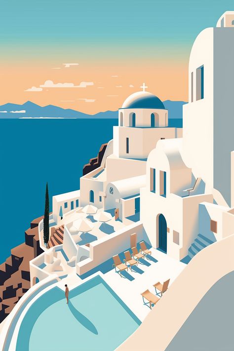 Greece Collage, Santorini Illustration, Resorts In Greece, Toon Shader, Greece Resorts, Aesthetic Greece, Greece Architecture, Greece Painting, Santorini Sunset