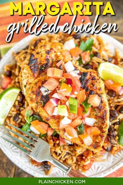 Margarita Grilled Chicken recipe – copycat Chili’s Margarita Grilled Chicken - the BEST chicken! Only 4 ingredients including the chicken! Chicken, margarita mix, Rotel diced tomatoes and green chiles, and taco seasoning. Great as a main dish or chopped up in tacos. We make this at least once a month. Serve over a bed of rice and black beans. Add this restaurant favorite to your menu ASAP! Margarita Chicken Marinade, Chilis Margarita Chicken Recipe, Margarita Chicken Recipe Chilis, Margarita Chicken Recipe, Chicken Margarita, Margarita Grilled Chicken, Mexican Chicken Breast Recipes, Mexican Chicken Breast, Copycat Chili