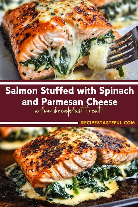 A flavorful and rich salmon dish, stuffed with a creamy spinach and Parmesan filling, then blackened to perfection. Perfect for a special dinner or a delicious weeknight meal! Salmon Stuffed With Spinach, Salmon Spinach Recipes, Easy Salmon Dinner, Salmon Stuffed, Spinach Recipes Healthy, Fish Batter Recipe, Parmesan Salmon, Stuffed Salmon, Salmon Spinach