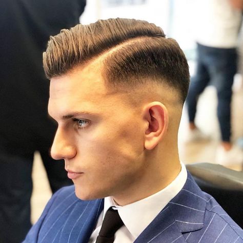 Follow @thebarberpost for more styles. • • * 🌐2 steps to become a successful barbershop owner . * • * • * * 1️⃣ . Download your own… Ww2 Haircut, Designer Hairstyle, Men's Fades, Slicked Hairstyles, Army Haircut, Classic Mens Haircut, Barber Haircuts, Comb Over Haircut, Mens Hairstyles Fade