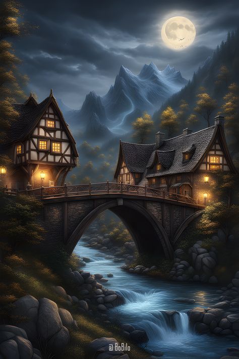 House Near River, Fantastical Landscapes, House In The Mountains, Background Scenery, Magical Images, Magical Night, Acrylic Pouring Art, Moon Photography, Fantasy City