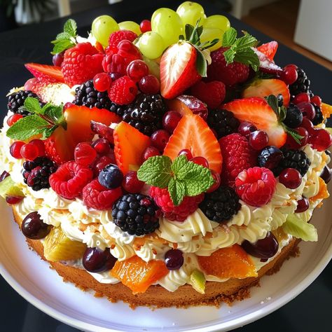 Fresh Fruit Topped Cream Cake Ingredients For the Sponge Cake: 1 1/2 cups all-purpose flour 1 cup granulated sugar 1/2 cup unsalted butter, room temperature 4 large eggs 1/2 cup whole milk 2 tsp baking powder 1 tsp vanilla extract 1/4 tsp salt For the Cream Topping: 2 cups heavy whipping cream 1/2 cup powdered sugar 1 tsp vanilla extract For the Fruit Topping: 1 cup strawberries, hulled and halved 1 cup raspberries 1 cup blackberries 1/2 cup blueberries 1/2 cup red grapes 1/2 cup green gra... Strawberry Blueberry Cake, Fruit Topping, Piano Cakes, Greek Sweets, Fruit Toppings, Whipping Cream, Red Grapes, Love Eat, Cute Desserts