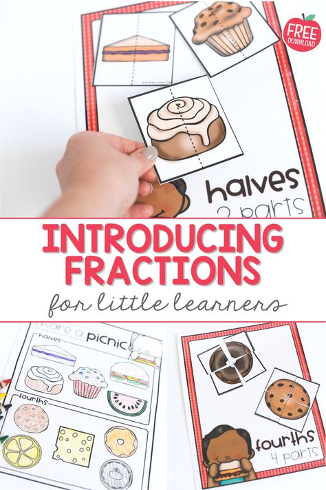 Introduce fractions with what kids can relate to--food! Click to read how I introduce fractions and grab this FREE math center! #fractions #mathresources #mathcenters #elementarymath Teaching Fractions Kindergarten, Fraction Activities For Kindergarten, Fraction Manipulatives Diy, Preschool Fraction Activities, Fractions First Grade Activities, Fractions For Kindergarten, Fractions Kindergarten, Kindergarten Fractions, Fractions First Grade