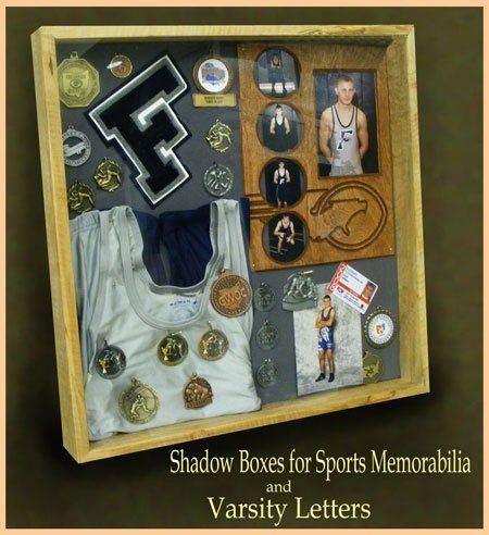 Sports memorabilia shadow box idea | Basement Ideas | Pinterest | Shadow Box, Shadows and Boxes Varsity Letter Display Ideas, What To Do With Varsity Letters Ideas, Wrestling Decorations, Varsity Letter Ideas, Sports Shadow Boxes, Shadow Box Graduation, Shadow Box Memory, Shadow Box Ideas, Memorabilia Display