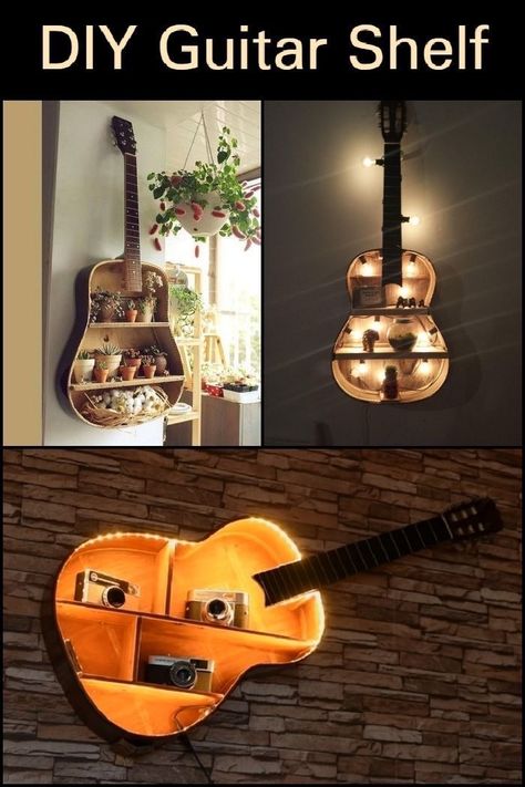 Diy Old Guitar Ideas, Refurbished Guitar Ideas, Guitar Nightstand, Old Guitar Repurpose, Guitar Decor Ideas, Guitar Furniture, Old Acoustic Guitar, Guitar Sculpture, Guitar Lamp