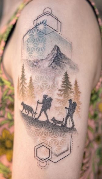 Tree And Mountain Tattoos, Tree With Mountain Tattoo, Tree Mountain Tattoo, Trees And Mountains Tattoo, Tree And Mountain Tattoo, Tree Line Tattoo, Dead Tree Tattoo, Hiking Tattoo, Cage Tattoos