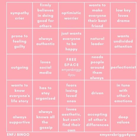 Myers-Briggs 4 You on Instagram: “The full ENFJ Bingo is up in my stories! 🥰 ⁣ ⁣⁣ ⁣⁣ Tags 🏷 ⁣⁣⁣ ⁣⁣⁣ ⁣⁣ #enfj #enfjpersonality #enfjproblems #enfjconfessions #enfjgirl…” Enfj Bingo, Infj Bingo, Meyers Briggs, Myers–briggs Type Indicator, Myers Briggs Type, Mbti Personality, Myers Briggs, Star Sign, Personality Types