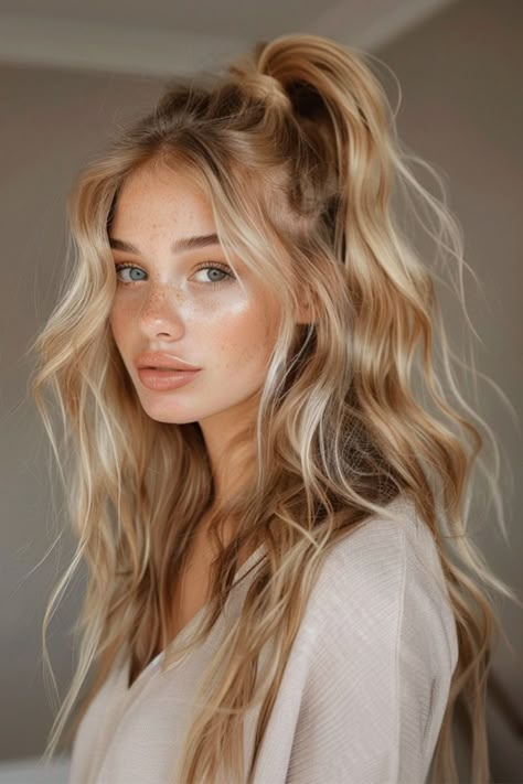 Honey Blonde Hair Long Layers, Classy Blonde Hairstyles, Cute Wavy Hairstyles For Medium Hair, Bold Hairstyles For Women, Blue Eye Blonde Hair Makeup, Half Up Blonde Hair, Rocker Wedding Hair, Hollywood Blonde Hair, Hair Styles For Long Blonde Hair