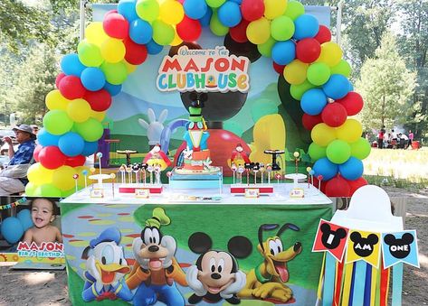 Birthday Table Setup, Mickey Mouse Clubhouse Birthday Party Decorations, Mickey Mouse Clubhouse Birthday Cake, Mickey Mouse Birthday Decorations, Mickey First Birthday, Mickey 1st Birthdays, Mickey Mouse Bday, Twodles Birthday, Mickey Mouse Themed Birthday Party