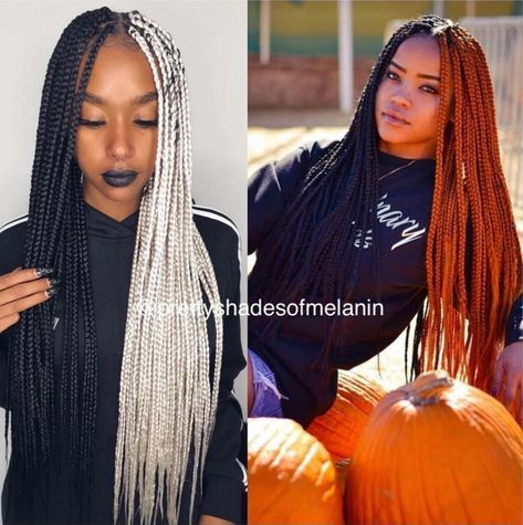 Black, white, and orange box braids Half Different Color Box Braids, Half And Half Colored Box Braids, Color Block Box Braids, Orange And Blonde Box Braids, Half Black Half White Box Braids, Half Black Half White Braids, Orange And Black Box Braids, Split Hair Color Box Braids, Color Block Braids