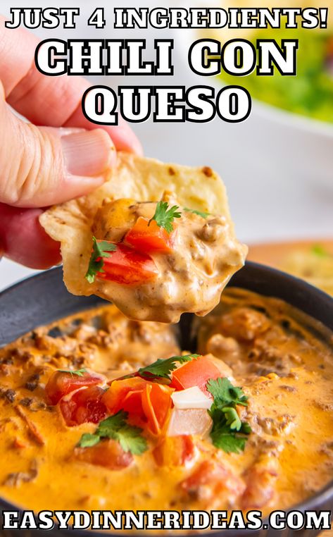 Queso Dip With Chili, Chilli Queso Dip, Crockpot Chili Con Queso, Chilli Con Queso Dip, Chili Con Queso Dip Crock Pot, Chili Appetizer Ideas, Game Day Queso, Chili Con Queso Recipe, Chili Con Queso Dip