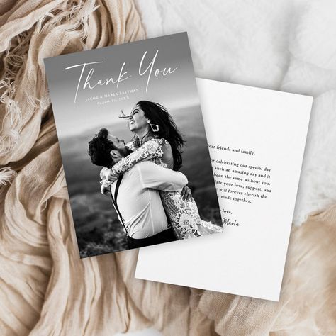 Modern Script Photo Wedding Thank You Card | #weddingthankyou #modern #script #photo #simple #minimalistic #thankyou #classic #blackoverlaytype Photo Thank You Cards, Thank You Messages, Wedding Calligraphy, Photo Wedding, Free Birthday Invitation Templates, Love Is In The Air, Kids Stationery, Wedding Thank You Cards, Wedding Thank You