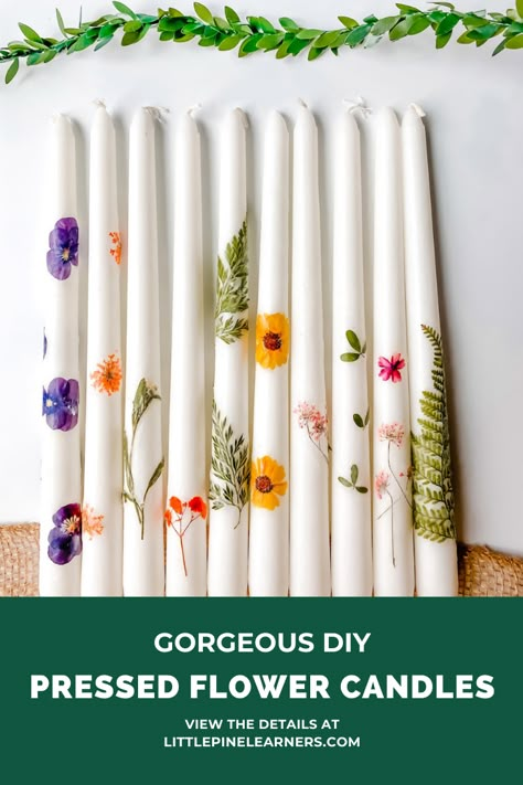 Candles With Wax Flowers, Pressed Flower Taper Candle, How To Decorate Candles With Flowers, How To Hand Paint Taper Candles, Floral Taper Candles, Decorate Taper Candles, Floral Candles Diy, Flowers In Candles, Candle Sticks Diy