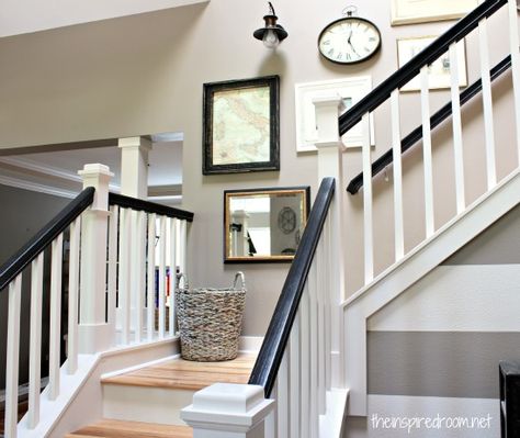 Decorating Stairway Walls, Black Stair Railing, Black And White Stairs, Stair Walls, White Staircase, Black Stairs, Hickory Hardwood Floors, Stair Banister, White Stairs