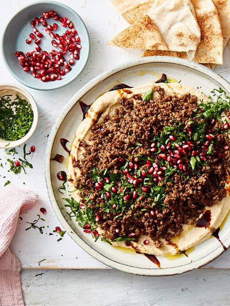 Hummus with spiced Lamb, Pomegranate and Mint | Australian Lamb - Recipes, Cooking Tips and More Pomegranate Lamb, Fermented Green Beans, Spinach Basil Pesto, Roasted Capsicum, Spiced Lamb, Ginger Chutney, Quick Pickled Onions, Asparagus Fries, Roasted Fennel