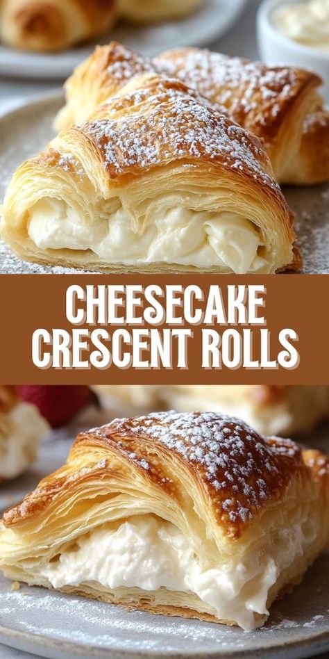 Cheesecake Crescent Rolls Ingredients: 2 cans (8 oz. each) crescent roll dough 16 oz. cream cheese, softened 1/4 cup sour cream 1 cup granulated sugar 2 large eggs 1 tablespoon lemon juice 1 teaspoon vanilla extract 1/4 teaspoon kosher salt 1/4 cup all-purpose flour Powdered sugar (for dusting) #Cheesecake #Crescent #Rolls Crescent Roll Recipes Cream Cheese, Crescent Dessert Recipes, Crescent Rolls Dessert, Cheesecake Crescent Rolls, Crescent Roll Cheesecake, Crescent Roll Recipes, Impressive Recipes, Crescent Roll Dough, Dinner Dessert