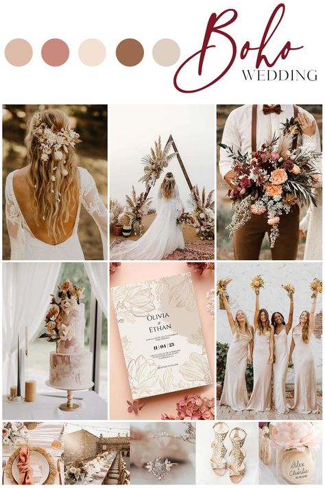 Boho Chic Wedding Theme Ideas, March Wedding Colors Boho, Boho Wedding Colors Summer, Pampas Grass Wedding Color Scheme, Light Boho Wedding Theme, Boho Glam Wedding Color Palette, Wedding Color Schemes Boho, Neutral Garden Wedding Color Schemes, Bali Wedding Color Palette